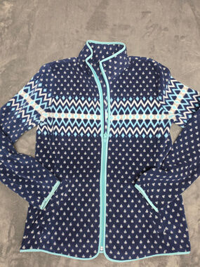 Talbots Fleece Jacket Zip Front Blue Fair Isle Print XS